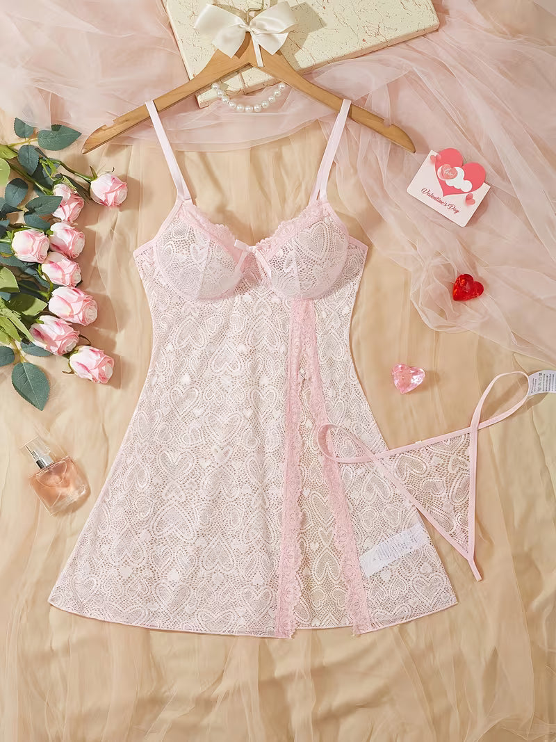 Pure Desire Pink Lace Lingerie Suspender Dress And Thong, Hollow-Out Sweet Spicy Girly Style