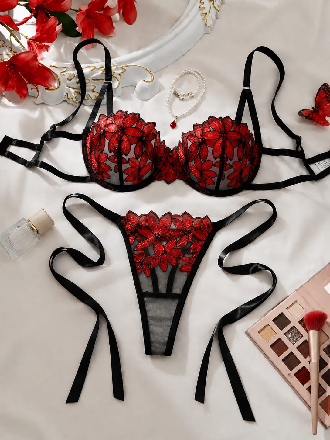 Women's Colorful Floral Embroidered Lingerie Set