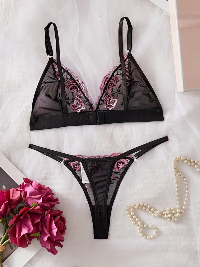 Plus-Size Women'S Lingerie Features a Sheer Black And Pink Floral Embroidered Bra Set
