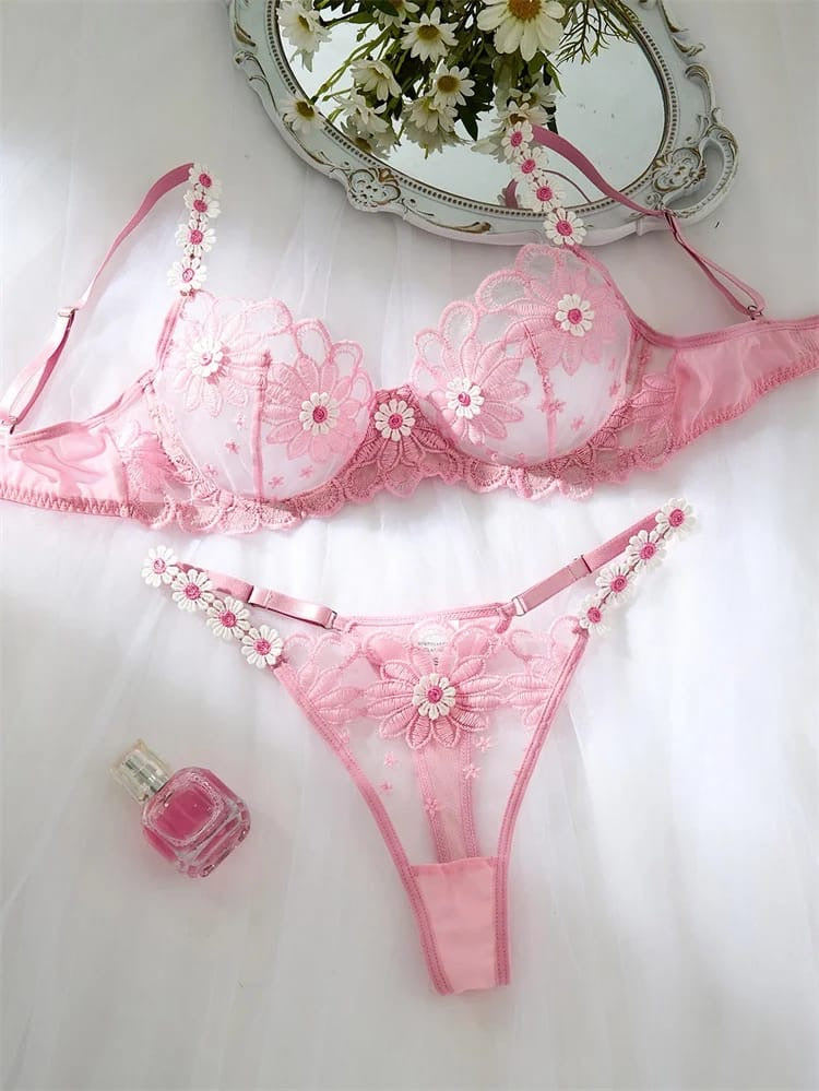 Tranparent UltraThin Floral Emroidery Bra Set