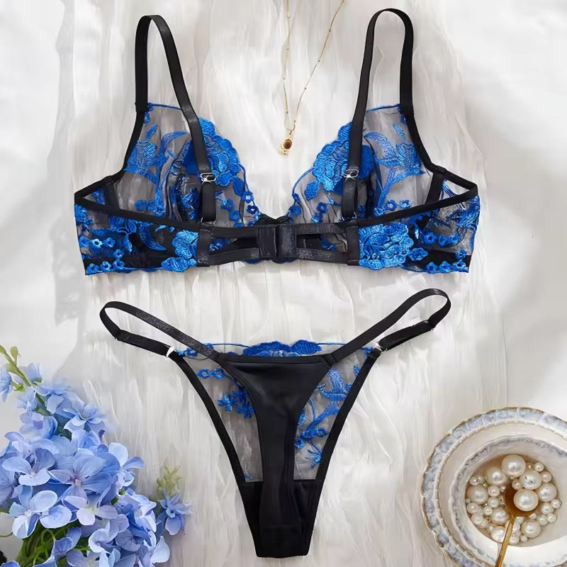 New Purple Floral Embroidery Push-Up Lingerie Set