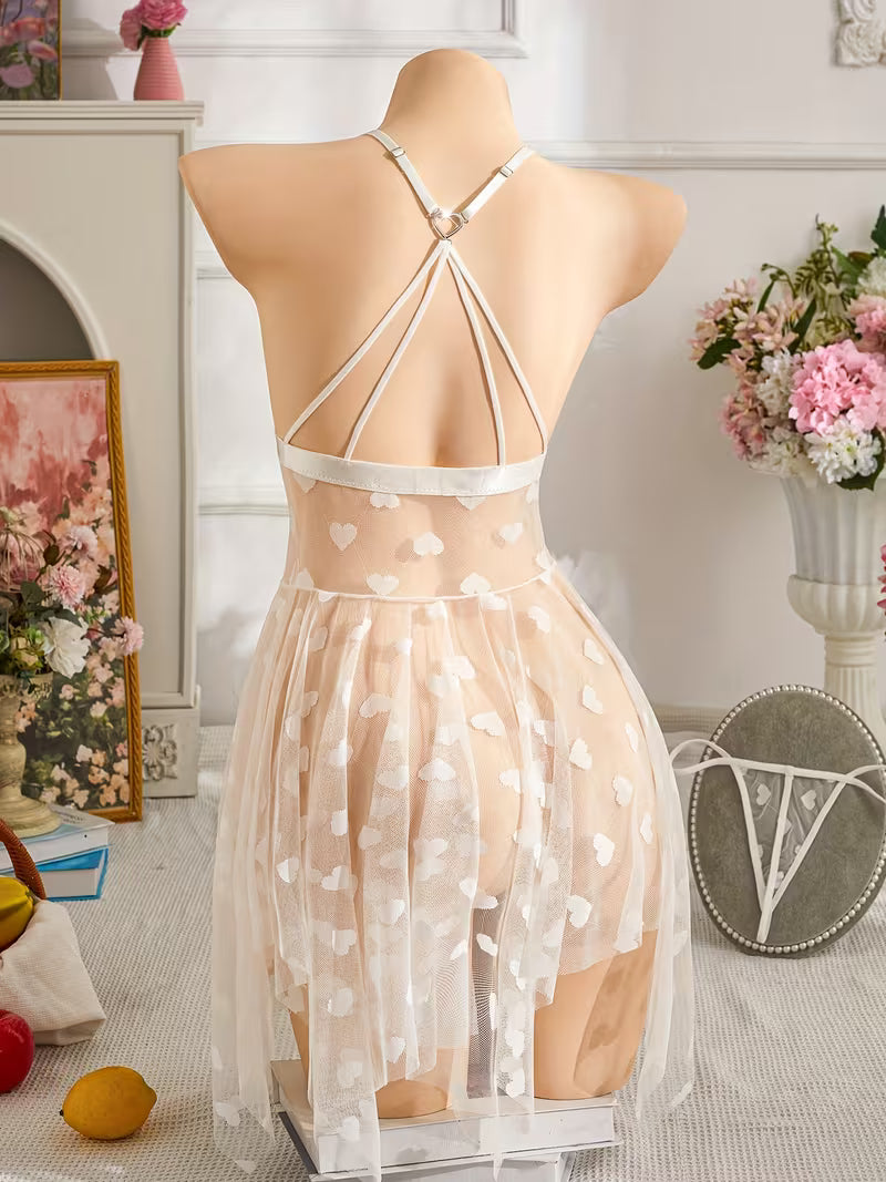 Heart Design Deep V-Neck Slip Dress And Thong, Women'S Lingerie