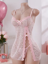Pure Desire Pink Lace Lingerie Suspender Dress And Thong, Hollow-Out Sweet Spicy Girly Style
