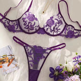 New Purple Floral Embroidery Push-Up Lingerie Set