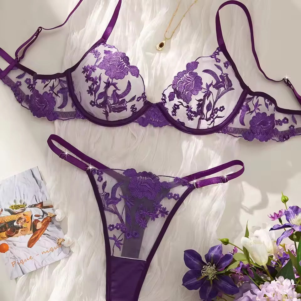 New Purple Floral Embroidery Push-Up Lingerie Set