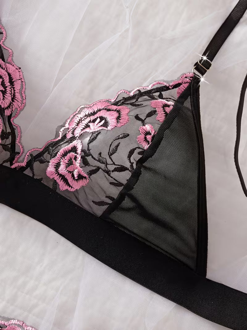 Plus-Size Women'S Lingerie Features a Sheer Black And Pink Floral Embroidered Bra Set