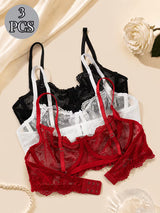 3pcs Push-Up Bra Women's , Comfortable, Full Lace Semi-Sheer, High Support, Suitable for All Seasons, bra