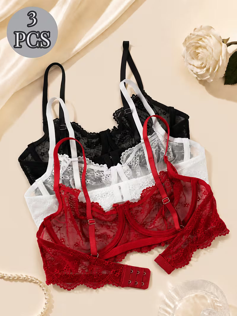 3pcs Push-Up Bra Women's , Comfortable, Full Lace Semi-Sheer, High Support, Suitable for All Seasons, bra