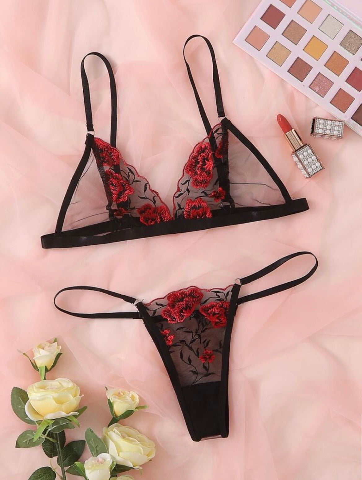 Plus-Size Women'S Lingerie Features a Sheer Black And Pink Floral Embroidered Bra Set