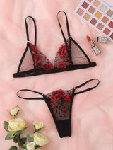 Plus-Size Women'S Lingerie Features a Sheer Black And Pink Floral Embroidered Bra Set