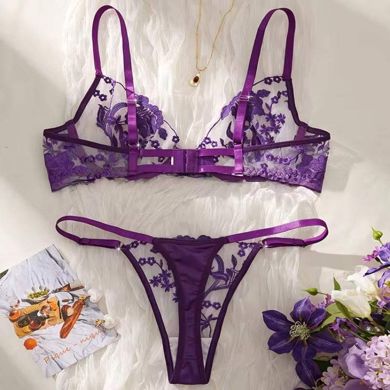New Purple Floral Embroidery Push-Up Lingerie Set