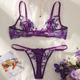 New Purple Floral Embroidery Push-Up Lingerie Set