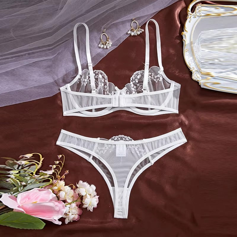 Embroidered Flower Butterfly Mesh Bra Set