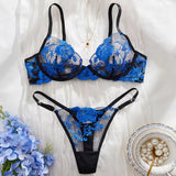 New Purple Floral Embroidery Push-Up Lingerie Set