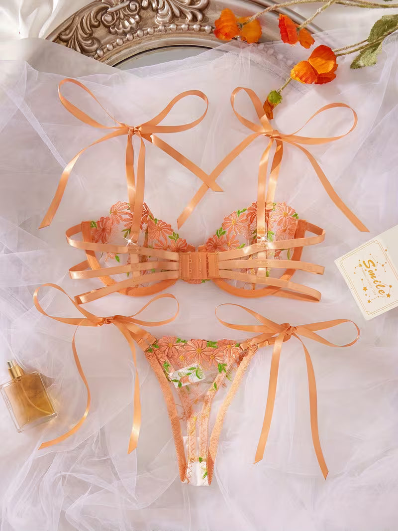 Dual-Tone Embroidered Lace Women's Lingerie Bra Set