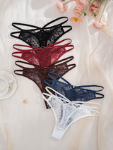 5-Pack Multi-Color Women's Panties, Pure Desire Style, Sexy, Lightweight, Hollow-Out Lace Patchwork with Crisscross Thin Strap Design, Thong