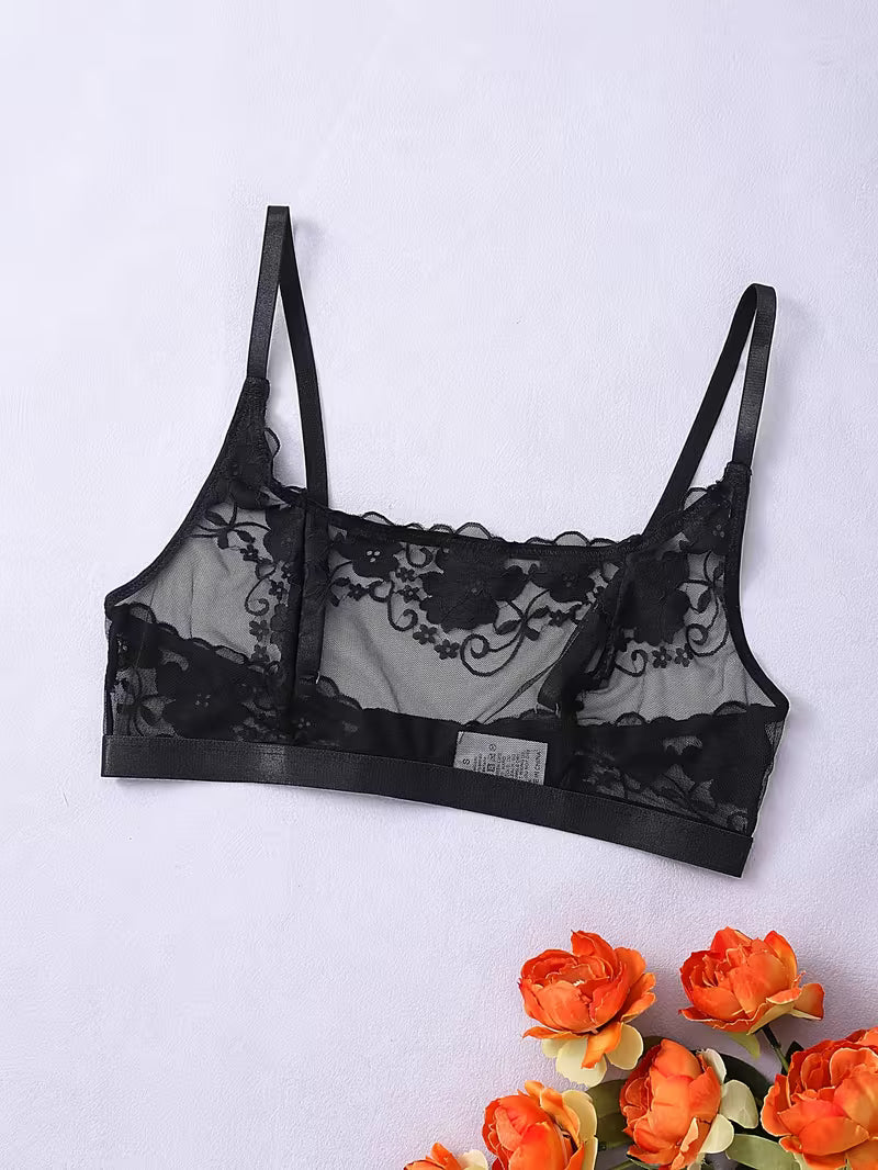 Tube Top Women's Sheer Unlined Bra-Style Black Patterned Lace