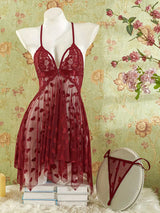 Heart Design Deep V-Neck Slip Dress And Thong, Women'S Lingerie