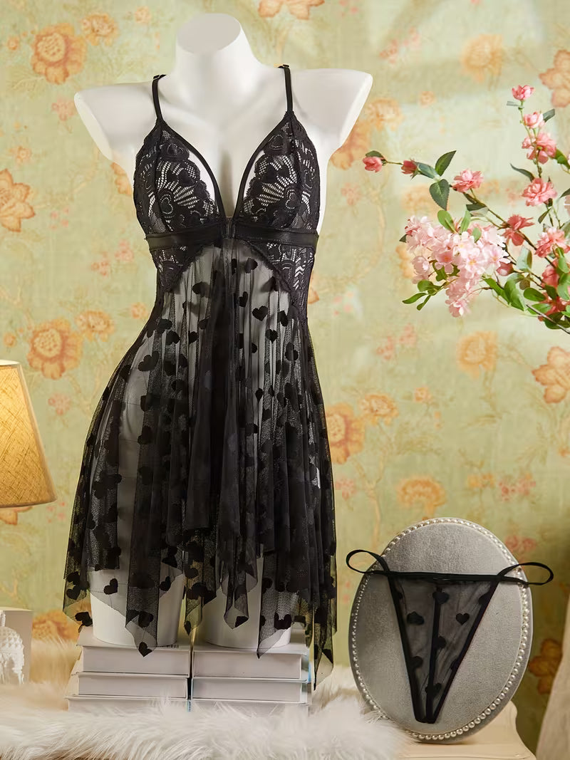 Heart Design Deep V-Neck Slip Dress And Thong, Women'S Lingerie