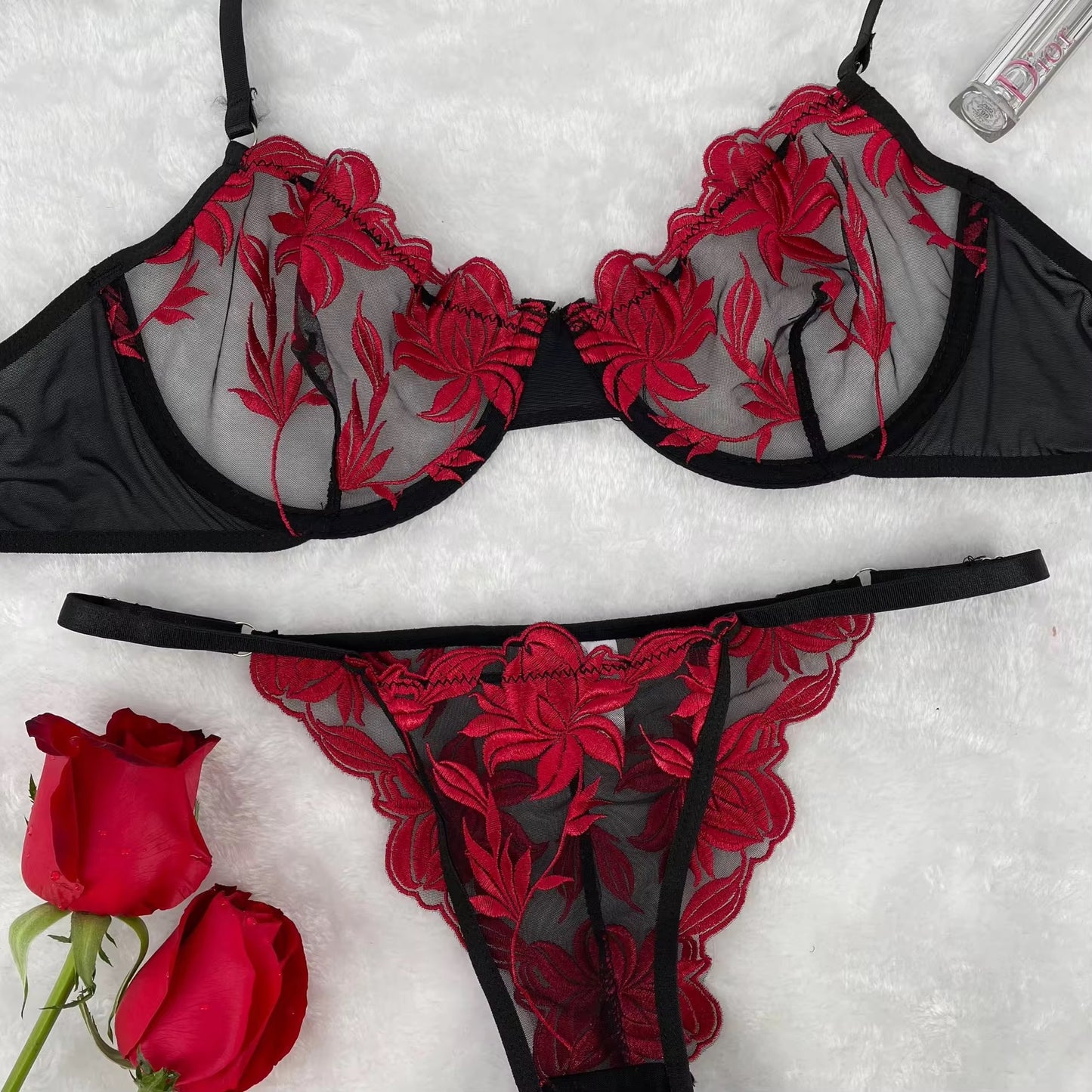 Black Floral Lingerie Bra Set