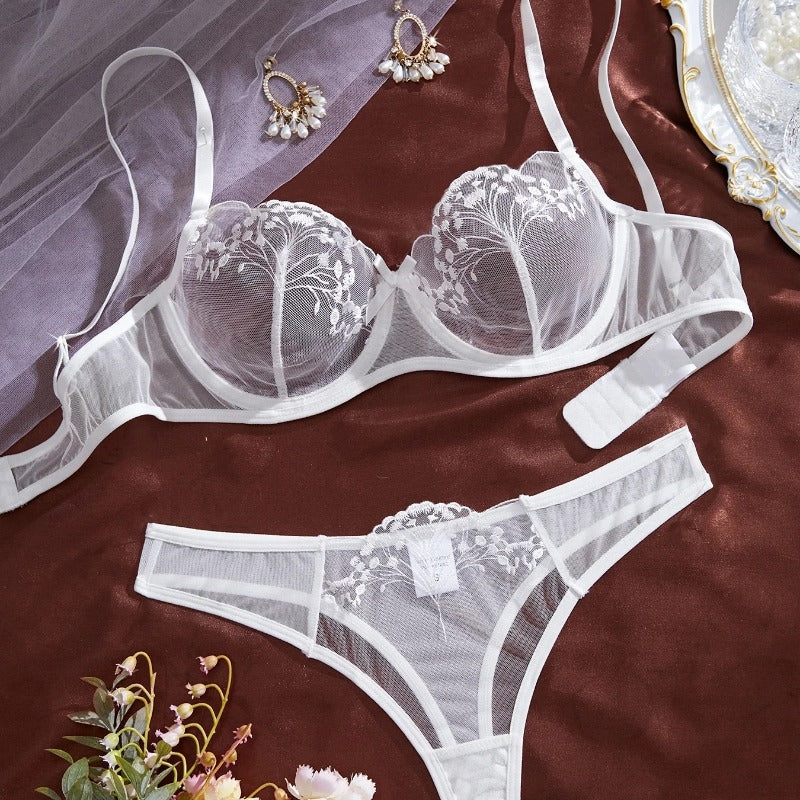Embroidered Flower Butterfly Mesh Bra Set