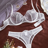 Embroidered Flower Butterfly Mesh Bra Set