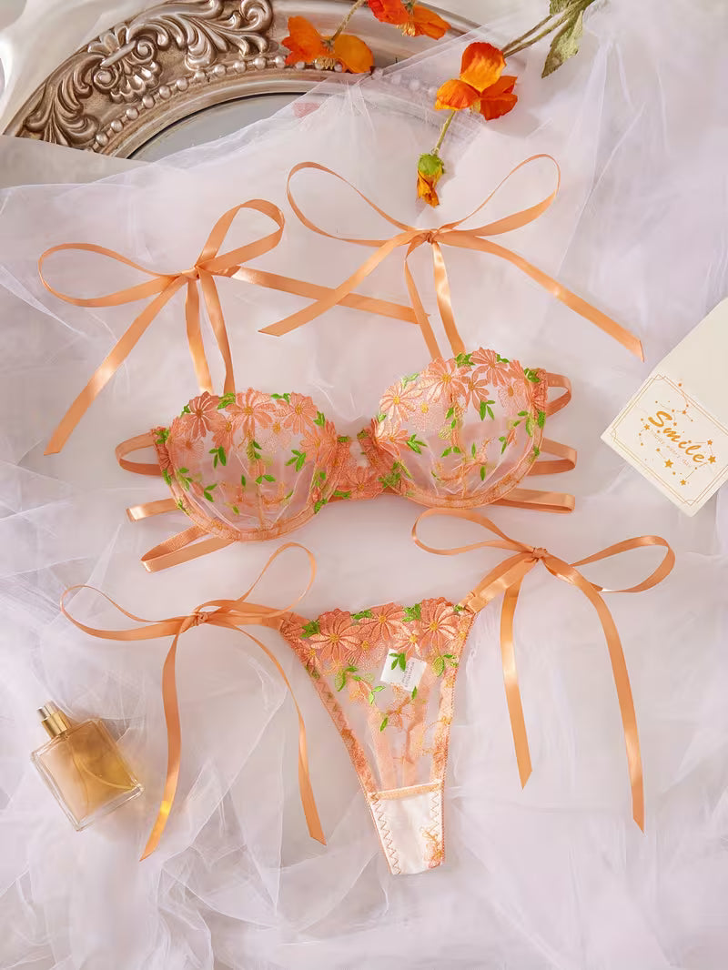 Dual-Tone Embroidered Lace Women's Lingerie Bra Set