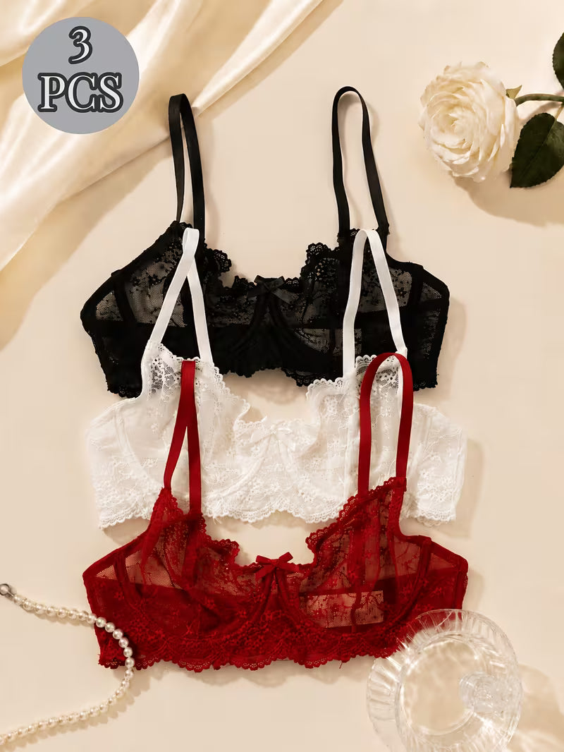 3pcs Push-Up Bra Women's , Comfortable, Full Lace Semi-Sheer, High Support, Suitable for All Seasons, bra