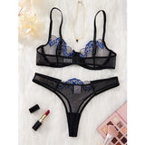 Embroidered Flower Butterfly Mesh Bra Set
