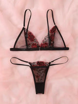 Plus-Size Women'S Lingerie Features a Sheer Black And Pink Floral Embroidered Bra Set
