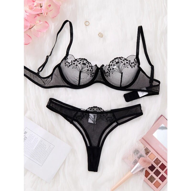 Embroidered Flower Butterfly Mesh Bra Set