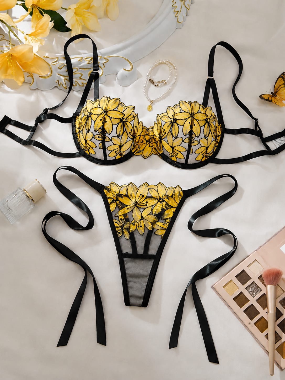 Women's Colorful Floral Embroidered Lingerie Set