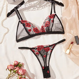 Plus-Size Women'S Lingerie Features a Sheer Black And Pink Floral Embroidered Bra Set