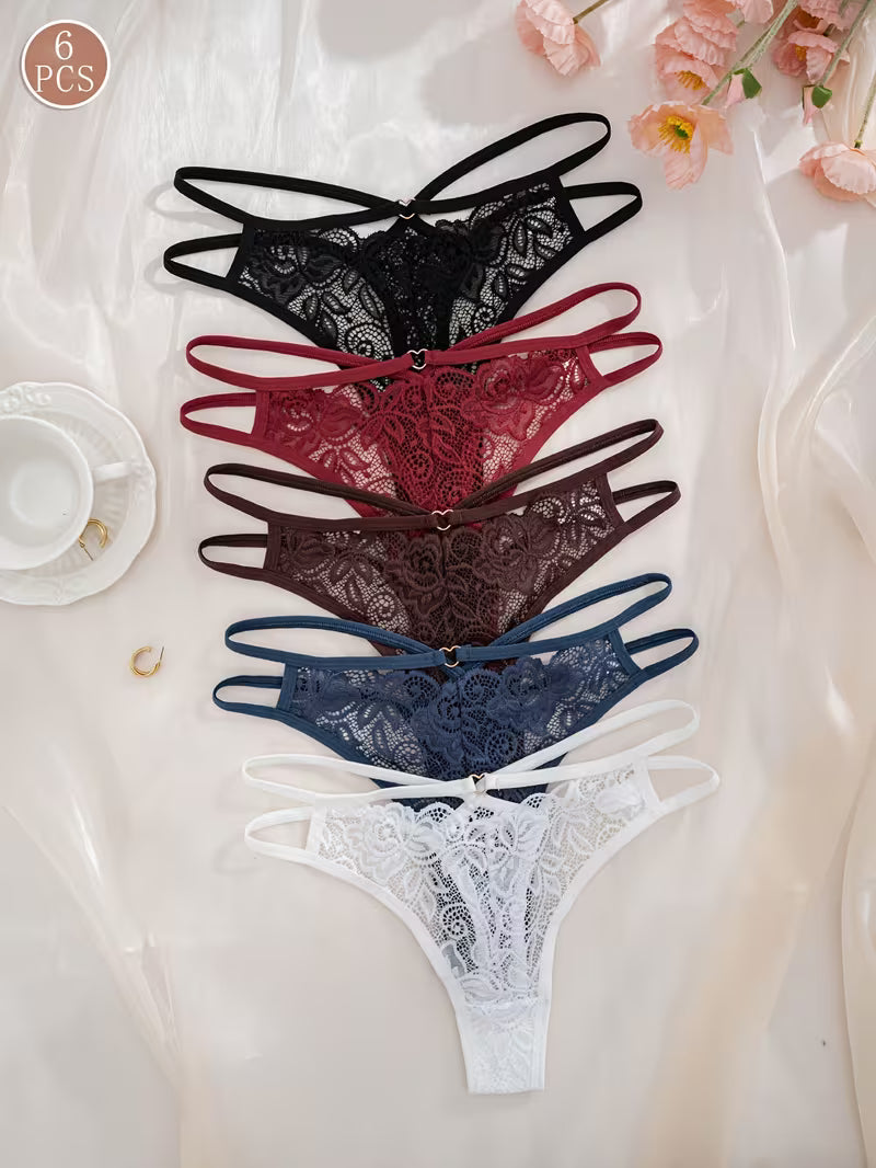 5-Pack Multi-Color Women's Panties, Pure Desire Style, Sexy, Lightweight, Hollow-Out Lace Patchwork with Crisscross Thin Strap Design, Thong