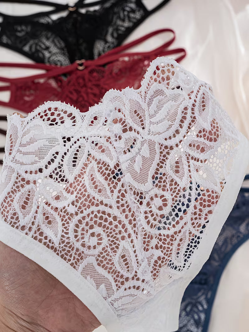 5-Pack Multi-Color Women's Panties, Pure Desire Style, Sexy, Lightweight, Hollow-Out Lace Patchwork with Crisscross Thin Strap Design, Thong
