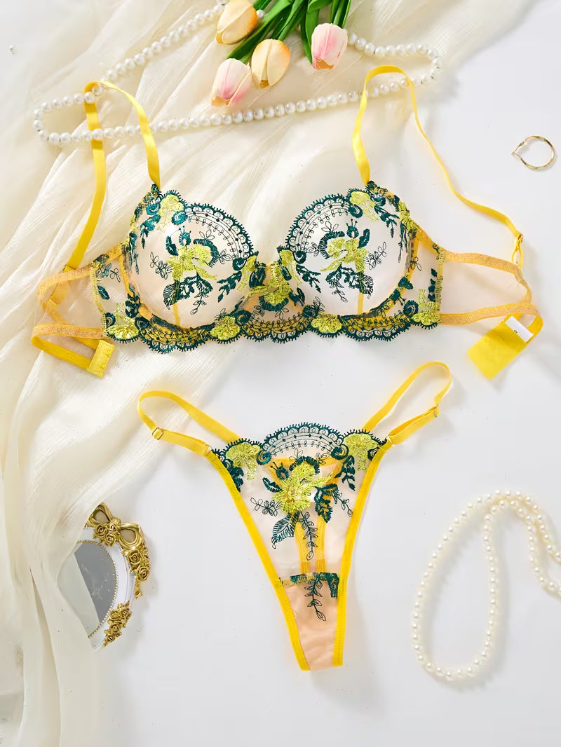 Enchanted Curve – Steel Ring Embroidered Lingerie Set