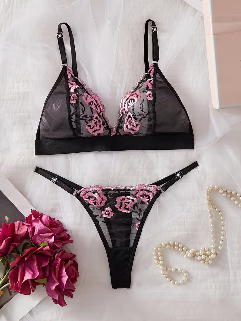 Plus-Size Women'S Lingerie Features a Sheer Black And Pink Floral Embroidered Bra Set
