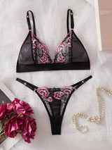 Plus-Size Women'S Lingerie Features a Sheer Black And Pink Floral Embroidered Bra Set