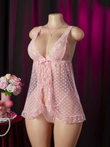 Polka Dot Mesh Sheer Tempting Backless Lingerie Sexy Sleepwear Lace Mesh Cami Dress Set