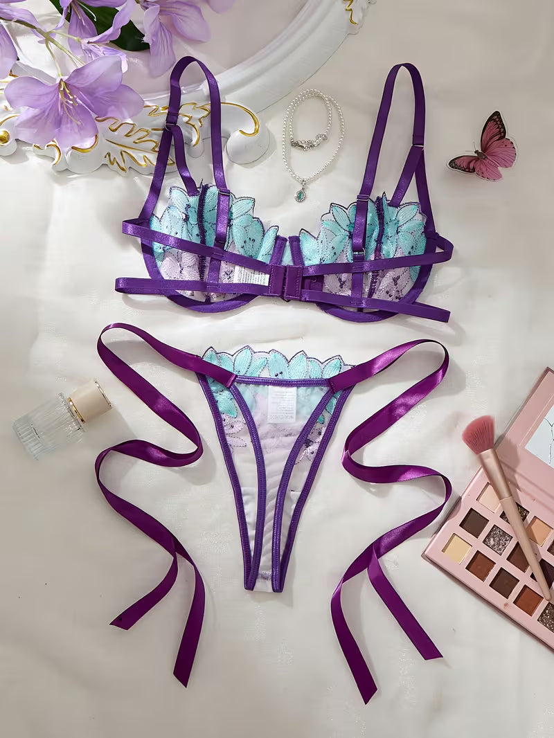 Women's Colorful Floral Embroidered Lingerie Set