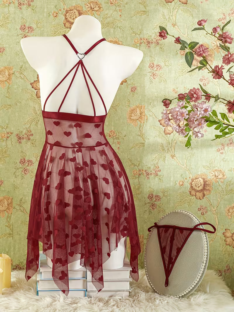 Heart Design Deep V-Neck Slip Dress And Thong, Women'S Lingerie