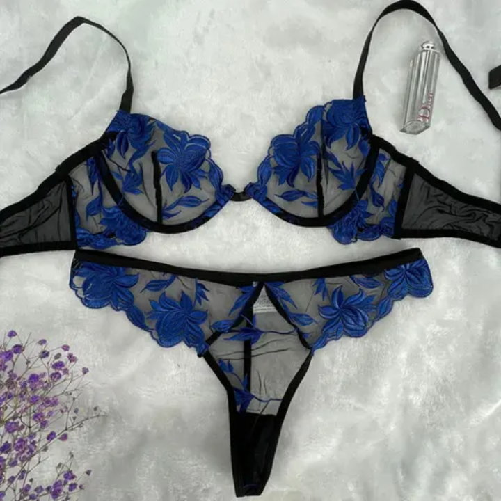 Black Floral Lingerie Bra Set